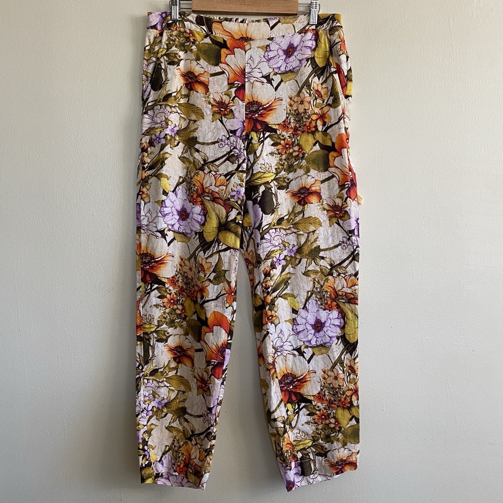 Chico's Womens Boho Linen Floral Straight Leg Pants Size 10‎ Coastal Lagenlook - Picture 2 of 11